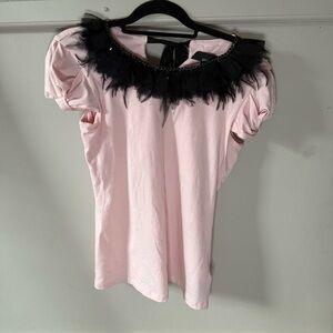 XXICOLLECTION Pink Top with Black Ruffle Feather Chain Charm Collar